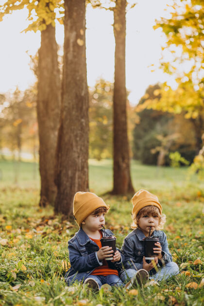 温暖两个小兄弟坐在草地上喝茶孩子快乐季节