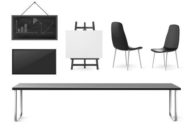 桌子会议室家具和材料 商务会议 培训和演示的会议室 公司办公室内部桌子 椅子 屏幕和白板 3d设置简报商业专业