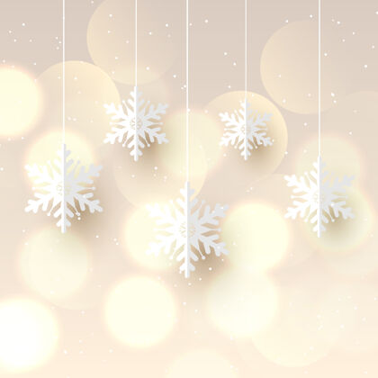灯圣诞背景与悬挂雪花和波基灯设计剪纸雪花圣诞节