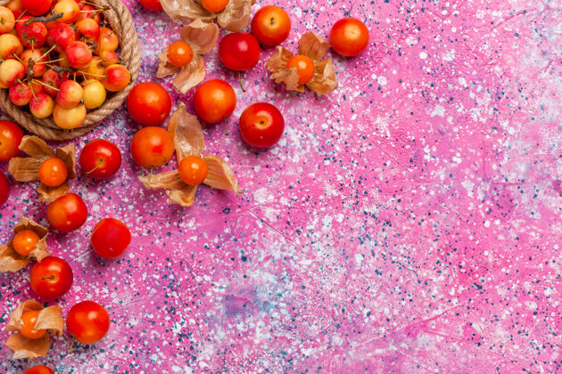 灌木在浅粉色的桌子上俯瞰新鲜的甜樱桃和李子新鲜浆果甜