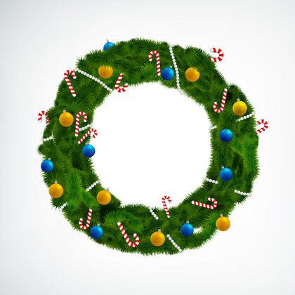 杉树针叶圣诞花环装饰着白色的球和糖果装饰品圣诞老人雪