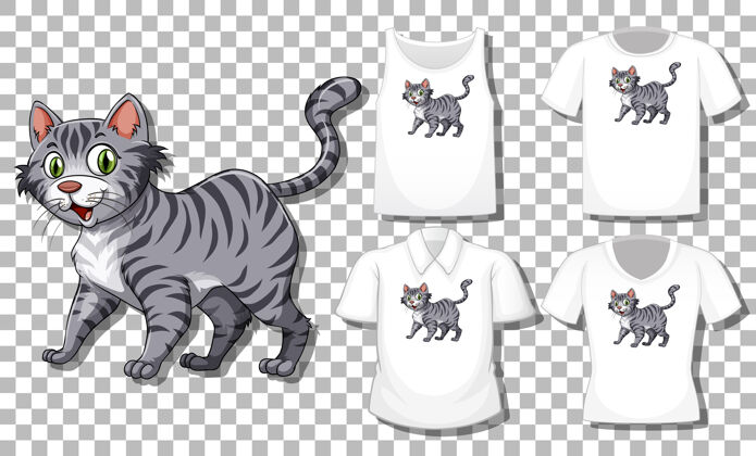 套装猫卡通人物与一套不同的衬衫隔离在透明的背景上衣衬衫动物