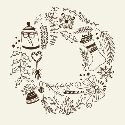 作文单色圣诞花环装饰元素涂鸦与节日和创意元素自然庆祝诺埃尔