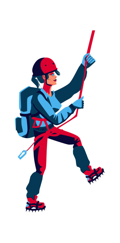 悬崖女攀岩运动员背着一个背包 穿着运动器材向上攀爬 卡通矢量插图领导攀岩健身