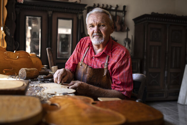 工艺一位经验丰富的高级工匠的肖像画 他在木工作坊里拿着工具在做他的项目木材压花凿子