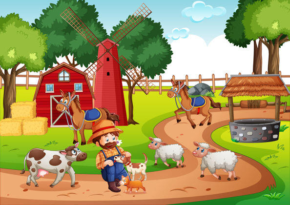 国家老麦克唐纳在一个农场童谣场景羊牛自然