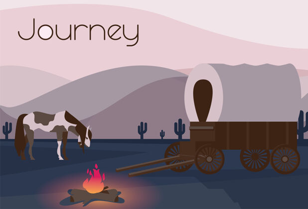 全景野马和马车靠近营火的西部平原组成插图美国风景