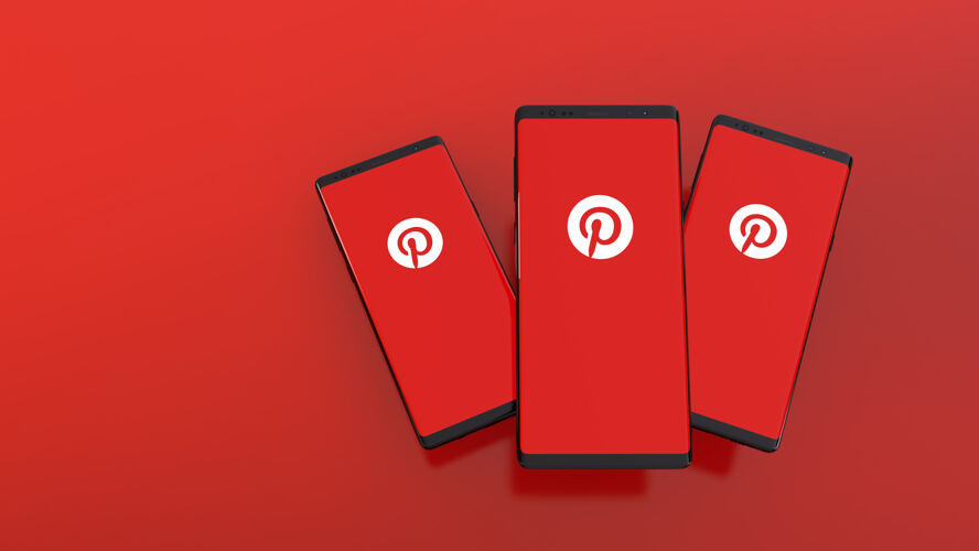 红色3d渲染的智能手机与pinterest标志在屏幕上的红色社区移动个人识别码
