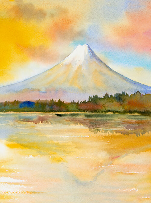 山富士山 川口子湖 日本著名的地标水彩画艺术家旅游