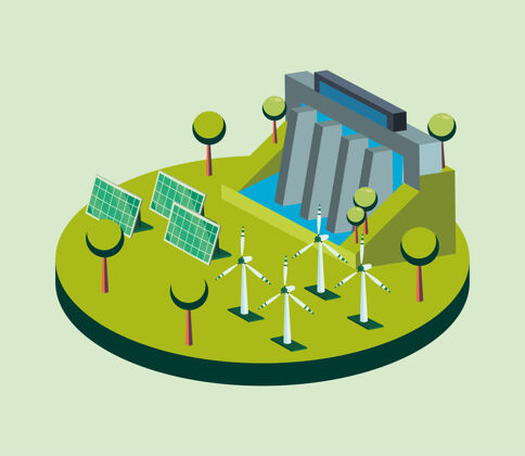 节约生态坝太阳能电池板和风力发电厂等距设计 节能发电生态可持续环保主题太阳能电池板能源电力