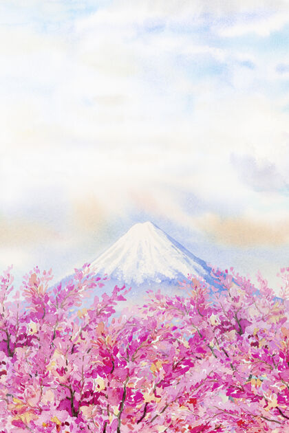 山富士山和樱花在日本的春天水彩画风景插画亚洲著名地标地标增长绘画
