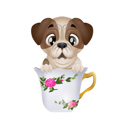 花可爱的小狗帕格卡通坐在杯子里杯子花杯子