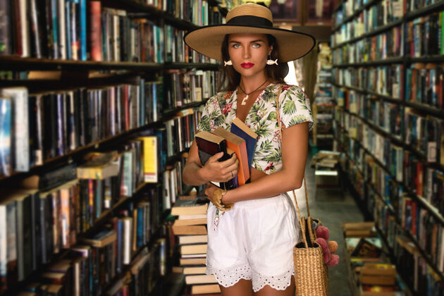 短裤穿着时髦服装的漂亮女孩在老式小书店里寻找有趣的书书店散步书房