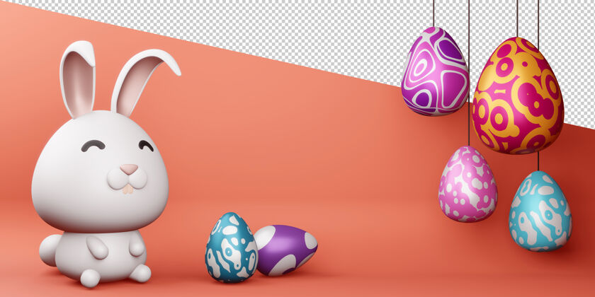 复活节复活节快乐可爱的兔子彩蛋3d渲染3d美丽兔子