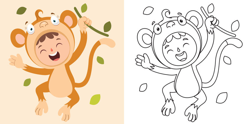 卡通线艺术画儿童彩页顾客猴子手绘