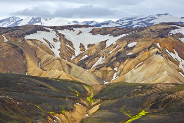 风景冰岛朗德那劳加美丽多彩的山景去旅游和风景名胜区远足对比山岩石