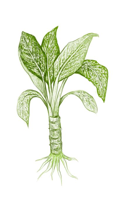 叶插图：新鲜的阿格拉内马或迪芬巴奇亚树叶植物学常绿植物