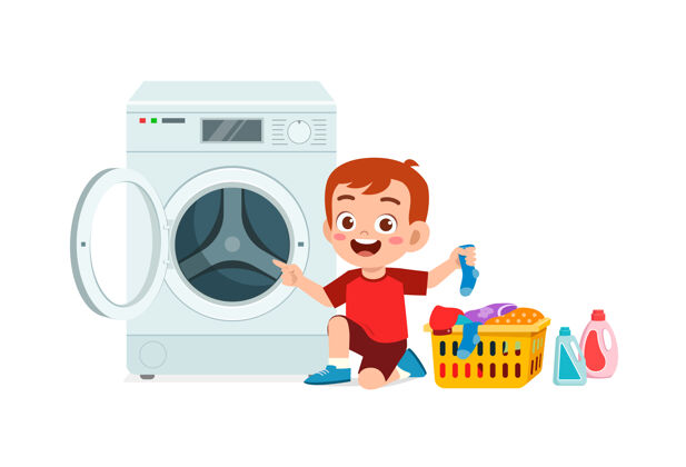 家务快乐可爱的孩子用洗衣机洗衣服家庭孩子家务