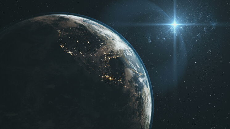 天文学雄伟的地球在星空背景下变焦行星旋转表面星光辉光外层空间深宇宙探索概念三维动画地球恒星雄伟