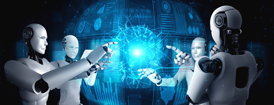 大脑Ai仿人机器人触摸虚拟全息屏展示大数据概念市场营销货币学习
