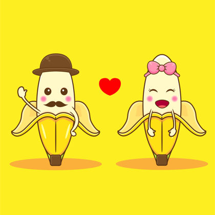 热带可爱的情侣香蕉隔离在黄色水果卡通人物