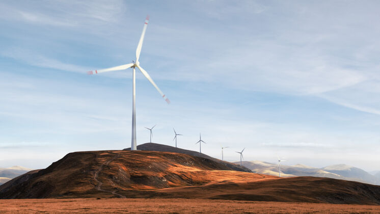 云田野上风力涡轮机的美丽景色景观风能量发生器可持续性风能保护