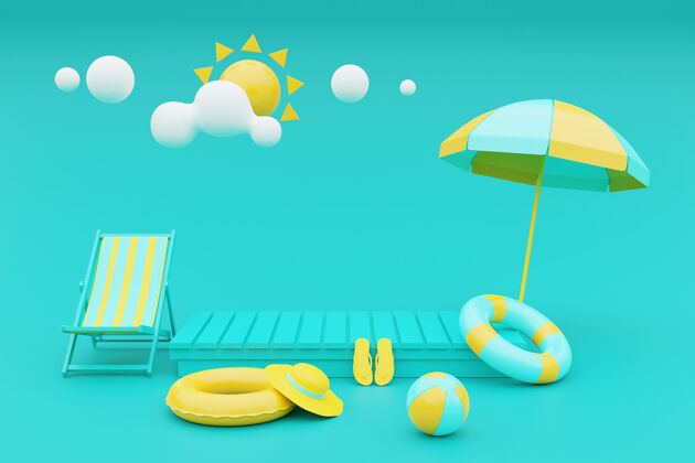 产品带沙滩椅 伞和夏日元素的暑假概念3d渲染3d渲染帽子夏季元素现代