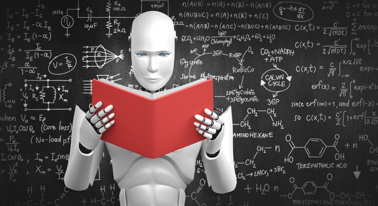软件机器人人形阅读书籍和解决数学三维插图图书馆智能在线