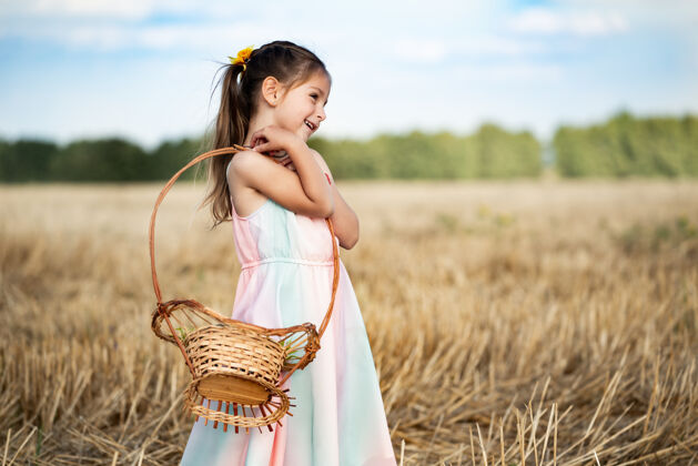 草地在一个温暖的夏夜 一个漂亮的小女孩正提着篮子穿过一片割过的麦田阳光花园壁板