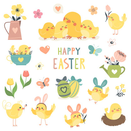 春天春季复活节系列 有可爱的小鸟和鲜花可爱复活节快乐复活节