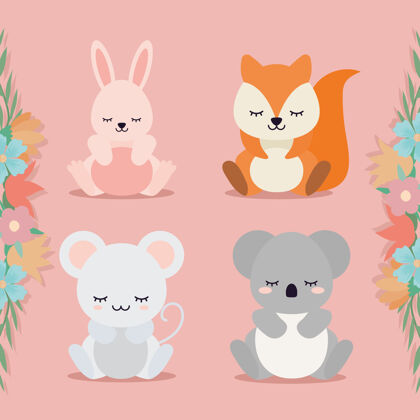 兔子一群动物旁边的花朵插画设计圣诞欢呼自然