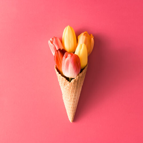 花粉红色表面有彩色花朵的冰淇淋筒开花勺香草
