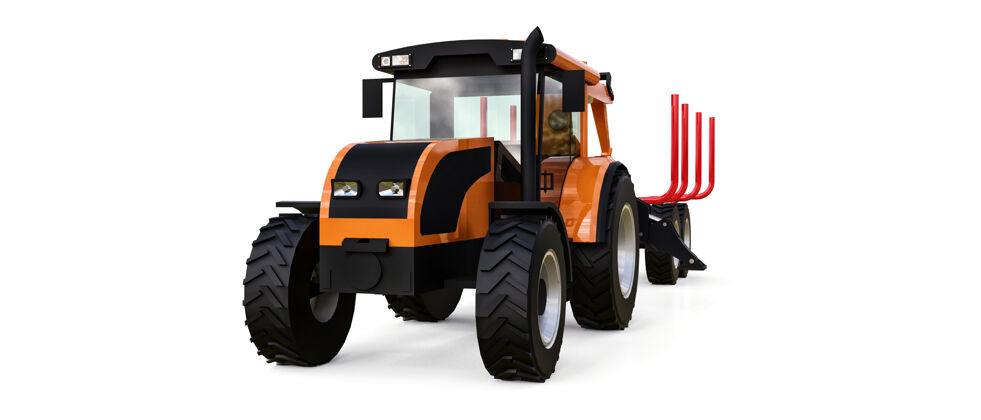 机械带拖车的橙色拖拉机 用于在白色背景上登录3d渲染机器原木车辆