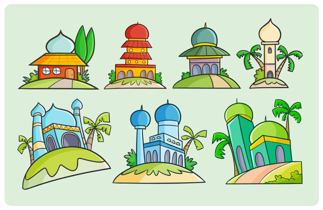最小五颜六色的清真寺设计画在简单的涂鸦风格伊斯兰漫画