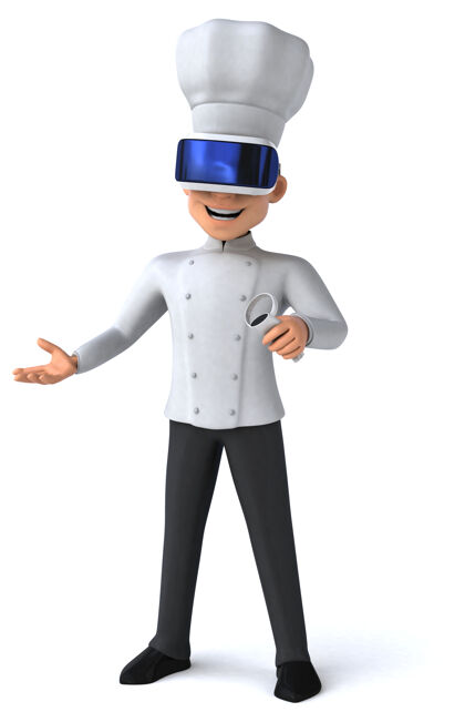 电子有趣的三维插图厨师与虚拟现实头盔游戏视频虚拟现实