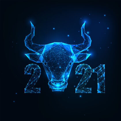 线框未来中国新年贺卡模板与发光的低多边形牛占星术标志和数字上的深蓝色背景.现代线框网设计十二生肖牛全息图