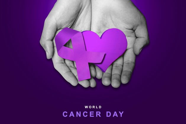 帮助手上有紫色的丝带和心形的彩带背景.世界癌症日概念世界创意信息