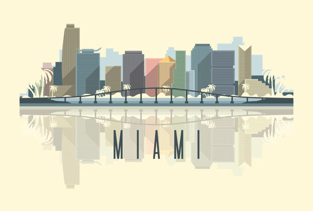 城市美国迈阿密市的天际线插画环境城市大都会
