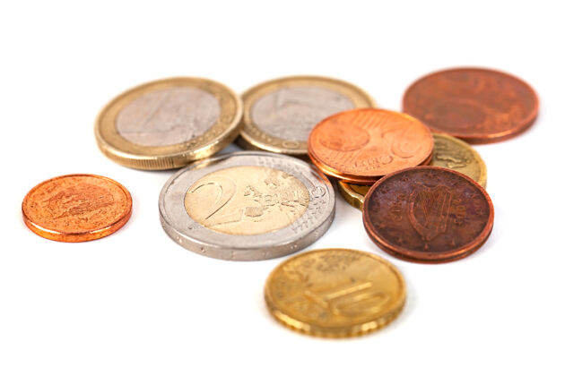 支付一堆白色的欧元硬币电子商务货币富人