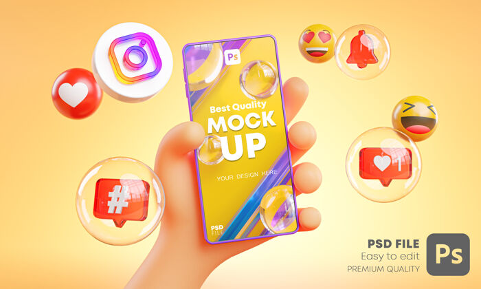 Socialmedia可爱的手持手机instagram图标周围的三维渲染模型UiLogoMobile