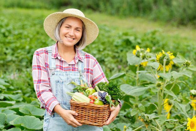 送货女人手里拿着一篮子丰收的有机蔬菜和根上的有机生物农场.秋天蔬菜收获生物废物蔬菜
