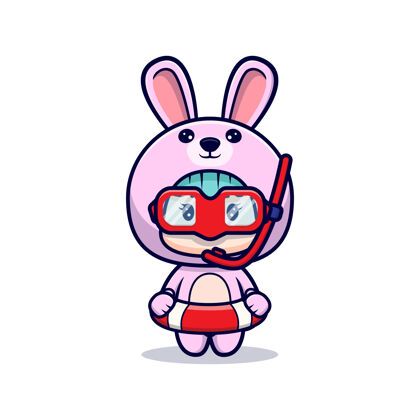 可爱可爱的女孩穿着兔子服装和泳镜兔子游戏角色