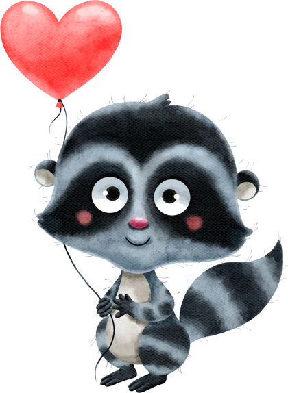 节日一个可爱的浪漫浣熊与红心气球水彩插图礼物大眼睛卡通
