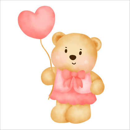卡通可爱的卡通泰迪熊抱着一个心气球水彩风格泰迪可爱手绘