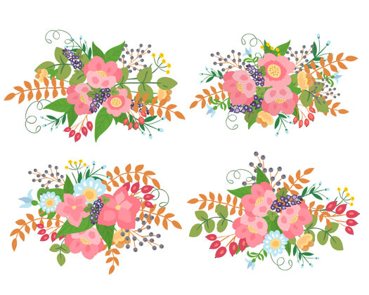 花粉红花朵和浆果的新鲜花束集合绽放花束
