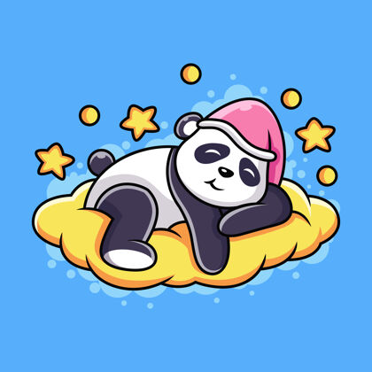 卡通可爱的熊猫睡在橙色的云图标插图.动物吉祥物卡通人物可爱的姿势星星床白色
