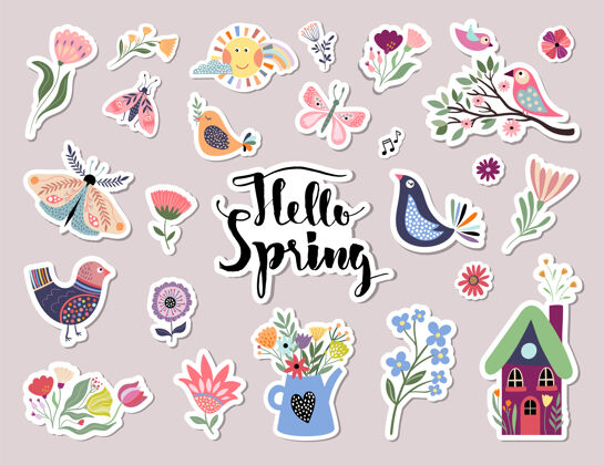 设置你好春季贴纸收集不同季节的元素剪贴簿鸟开花