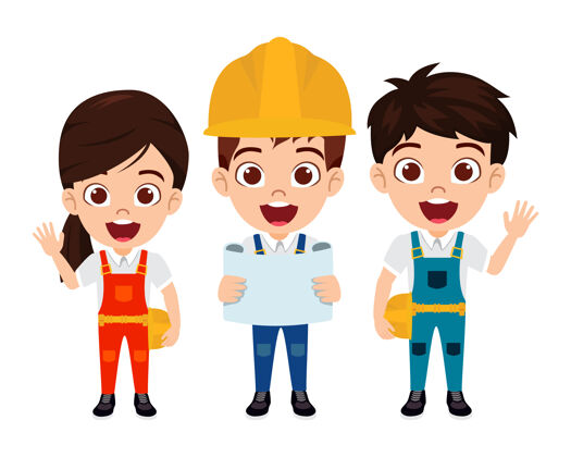工业快乐可爱聪明的孩子男孩和女孩的性格穿着建筑工人服装与欢快的表情隔离与工程师建筑工人建筑工人女孩
