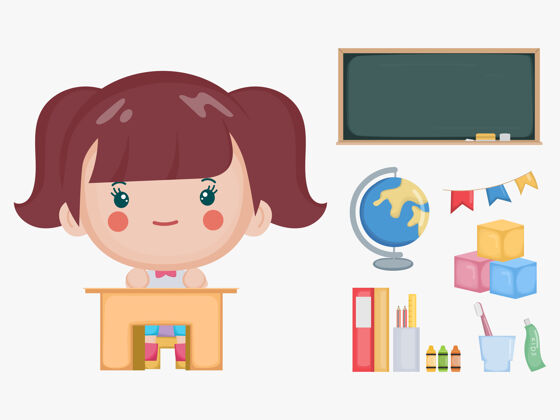例行公事可爱的女孩回到学校的概念在教室里卡通学生坐着