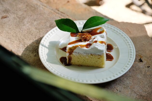 奶油木头桌上的椰子软蛋糕面包房美味美食
